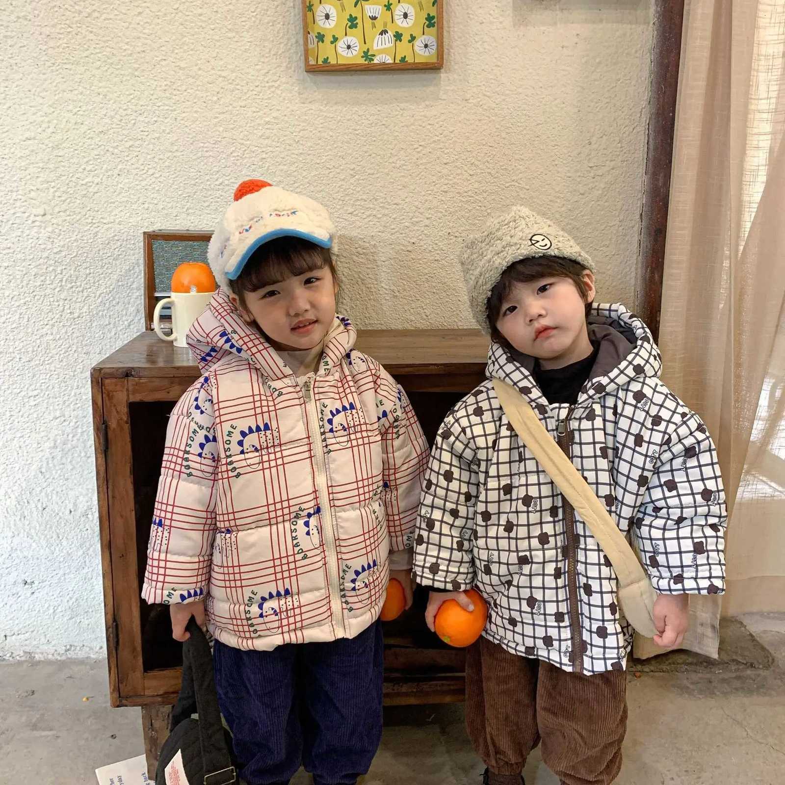 2024 Korea Style Kids Jacket Thickened Warm Winter Childrens Hooded Cotton Jacket Dinosaur Bear Boys Girls Cotton JacketT251016
