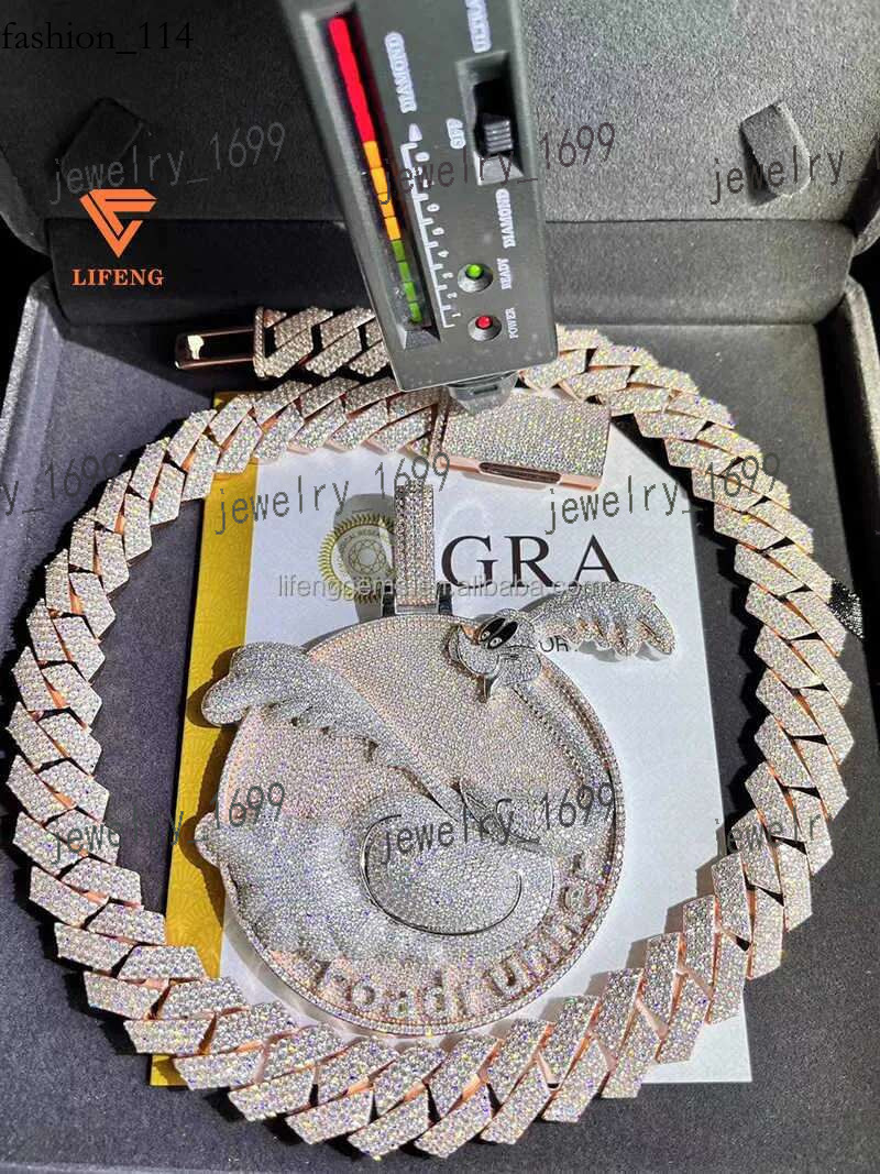 Fashion Design Solid Sier Gra Moissanite 18mm 20mm Wide Dia Iced Out Pendant Necklace Cuban k Chain for Rapper