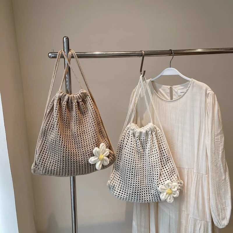 Solid Color Knitting Shoulder Bag Large Capacity Bohemian Crochet Backpack Hollow Out Versatile Beach Travel Tote Bag For WomenT251016