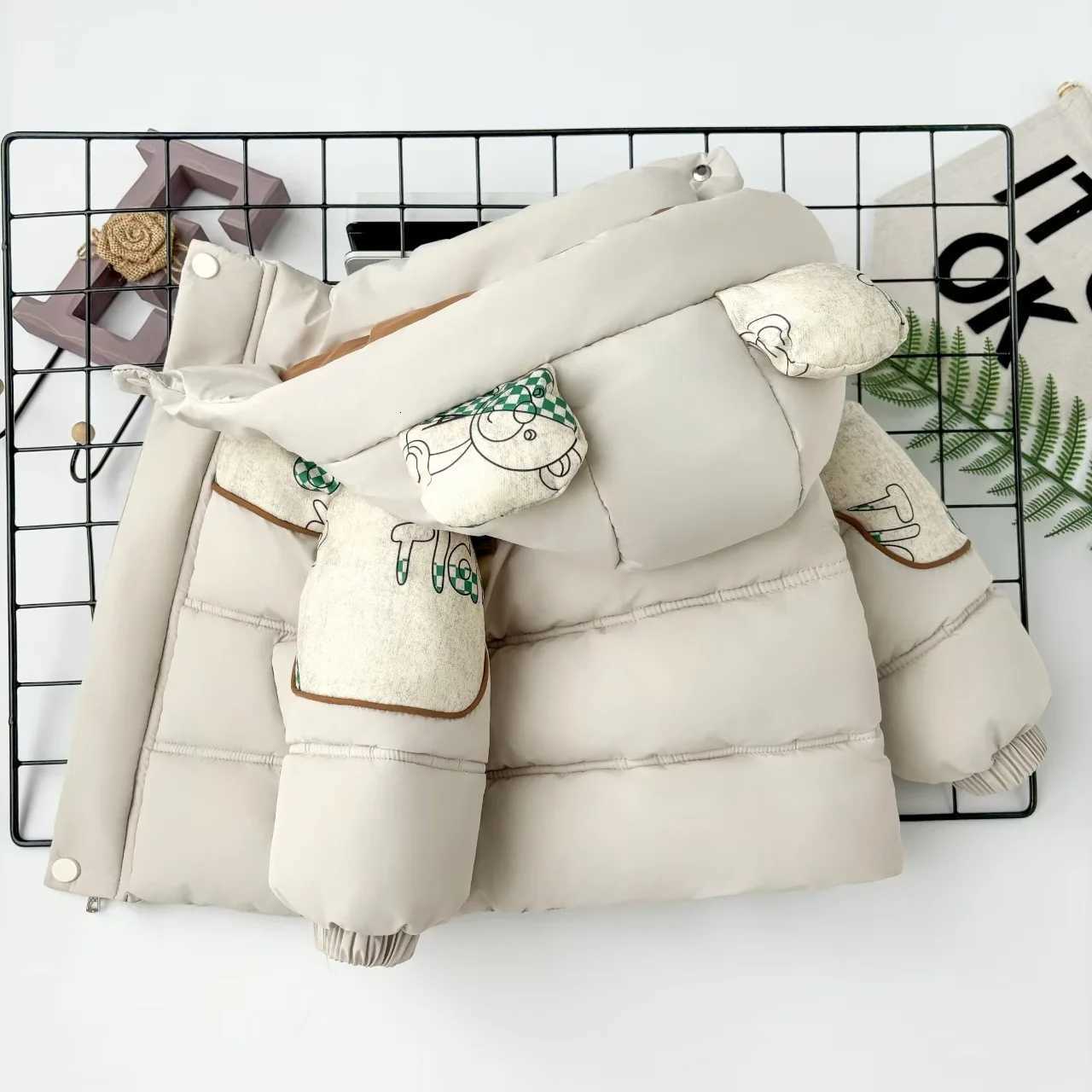 2025 Winter Children Cotton Jacket Baby Boy Girl Cute Bear Color Blocking Thicken Padded Warm Hooded Parka With Bag Kids ClothesT251016