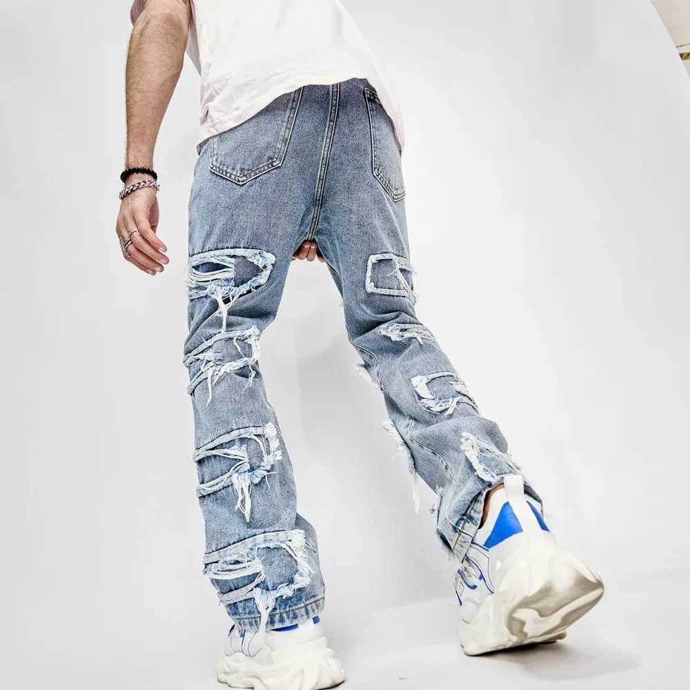 Distressed Spliced Wide Leg Jeans Men Denim Ankle Length Pants High Waist Pockets Loose Fit Vintage Washed 2025 Punk Style pants J251016