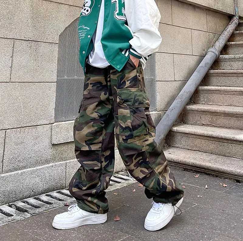 Military Camo Cargo Pants Mens Hip Hop Streetwear Baggy Trousers High Waist Straight Leg Retro Joggers Casual Fashion Trendy J251203