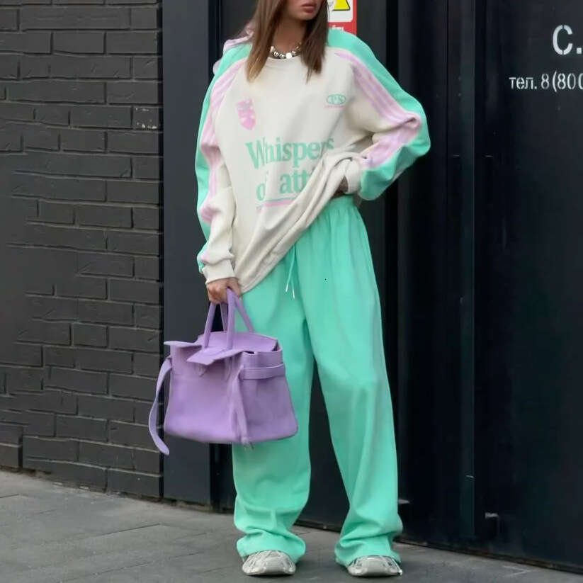 American Street Style Color-Block Printed Sports Sweatshirt Set For Women, Round Neck Loose Long Sleeve Pullover Top With Drawstring Wide-Leg Pants B5