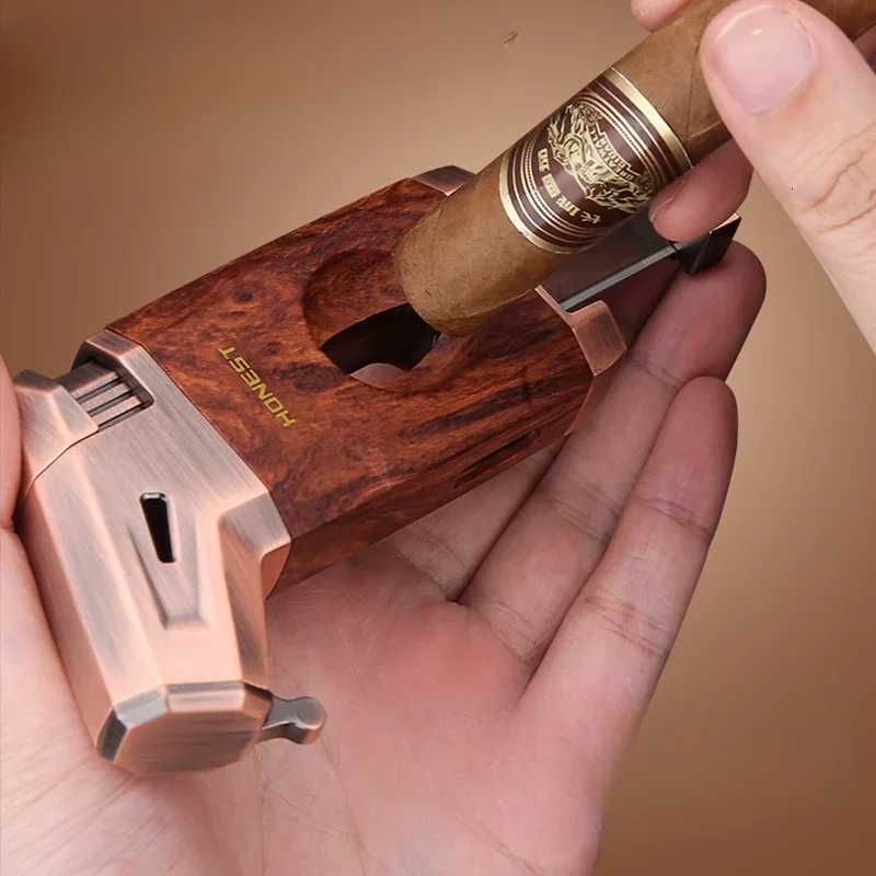 Recently Hot Selling Cigar Torch Lighter with V Shape Cutter Luxury Cigar Accessories Windproof Butane Lighters Gift for Smokers C251016