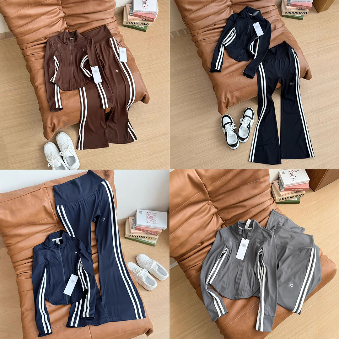 Designer Womens Tracksuit Letter Embroidery Zipper Coat Elastic Flared Pants Sportswear Womens Slim Fit Fashion Stripe Two Pieces Set