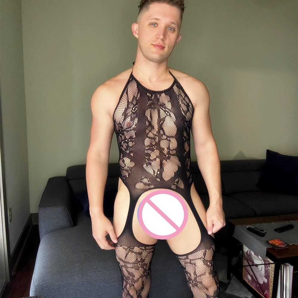 Mens Sexy Underwear Onepiece Fishnet Full Body Stockings Gay Erotic Mesh Perspective Tight Lingerie Sissy Clothes Nightdress W251016