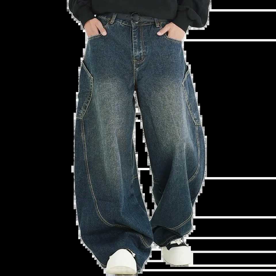 Mens Wear American Washed Denim Pants Vintage Threedimensional Large Pockets Cut Curved Knife Jeans Loose Fit Summer New Trend J251016