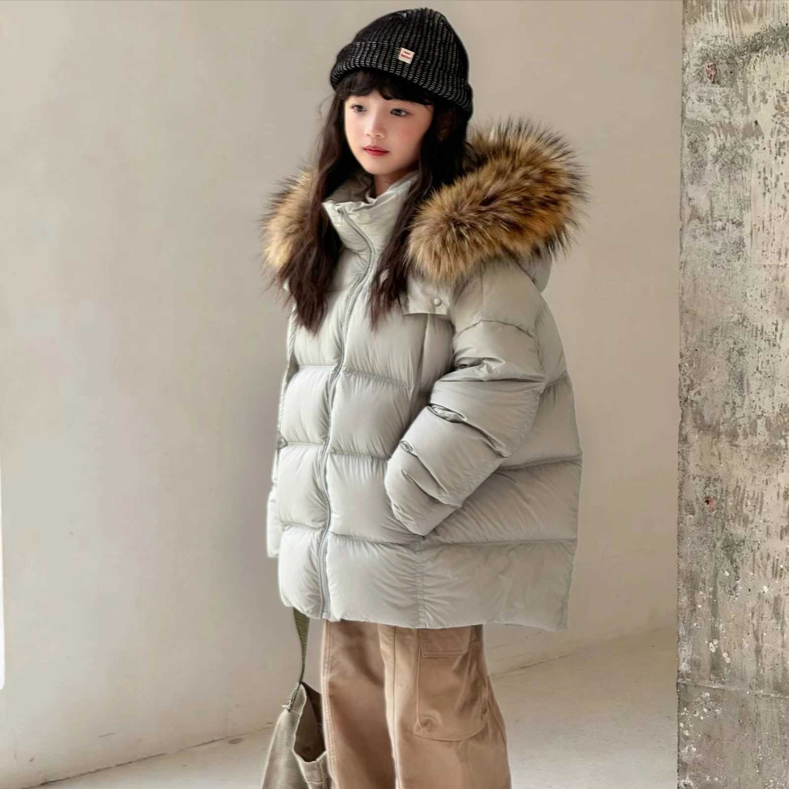 Childrens Down Jacket Hooded Natural Fur Collar 2025 New Winter Girls Coat Warm White Duck Down Boys Loose Fit Jacket RM207T251016