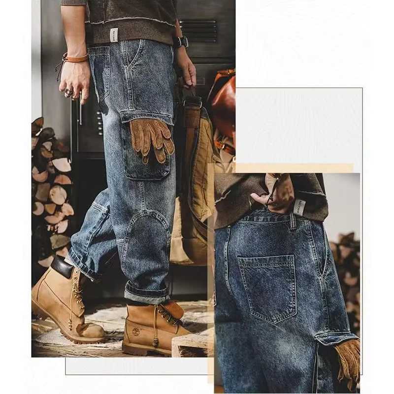 Mens Fashion Multi Pockets Design Cargo Trousers American Vintage Wide Leg Denim Pants Trend Cool Style Streetwear Jeans Male D2603201
