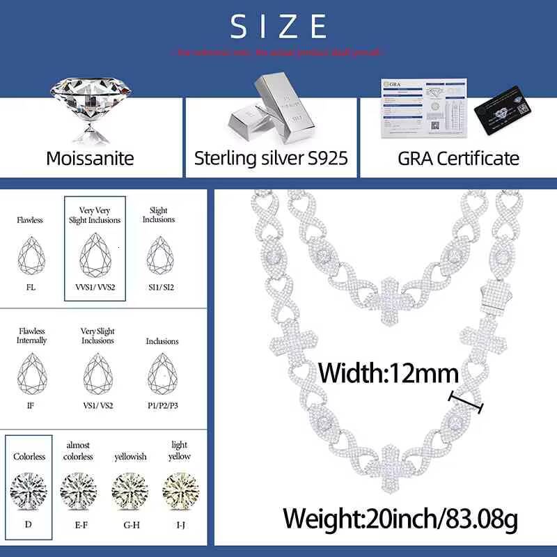 Hip Hop Jewelry Men White Gold Plated 12mm 925 Sterling Silver Paved Iced Out Moissanite Cross Evil Eye Cuban Link Chain