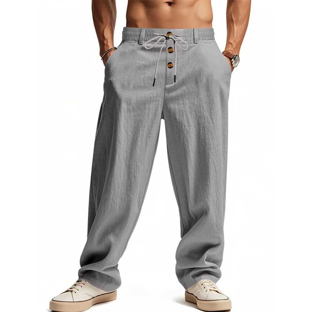 Autumn New Mens Cotton Pants Solid Color Button Drawstring Design Casual Loose Fit Cozy Trousers Simple Style Long Pants J251203