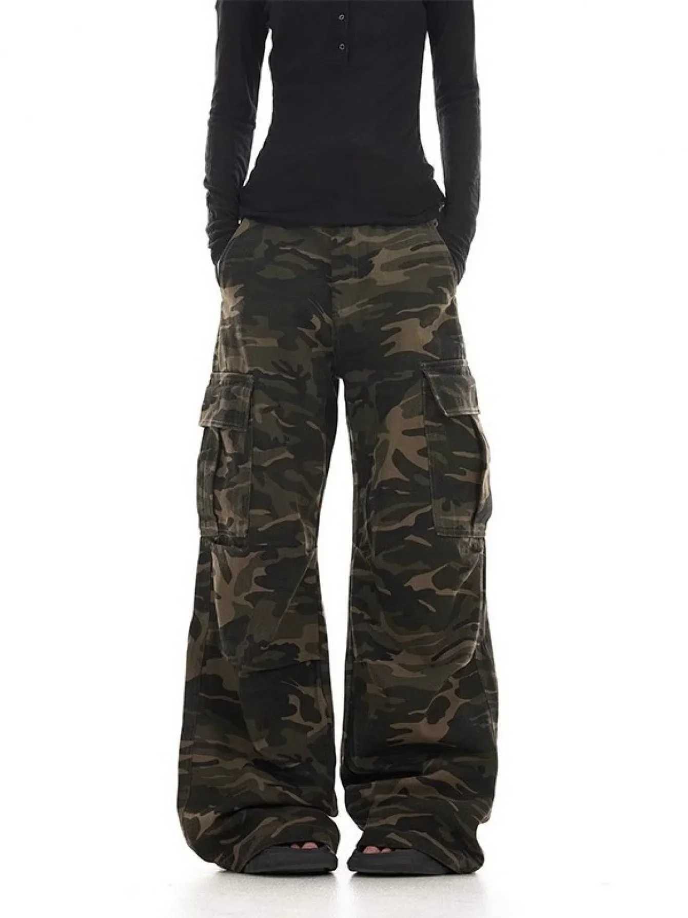 Womens Plus Size Vintage Design Camouflage Loose Straight Leg MultiPocket Wide Leg Cargo Casual Pants J251203
