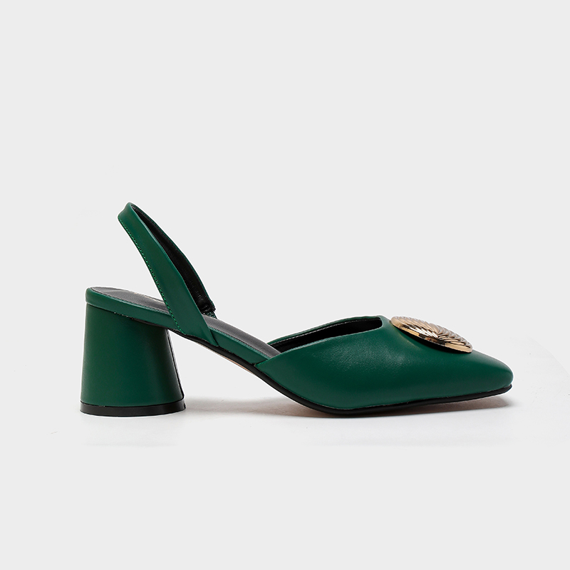 Women's Fashion Green Square Toe Block Heel Slingback Pumps - Artificial Leather Slip-On Dress Shoes-8773