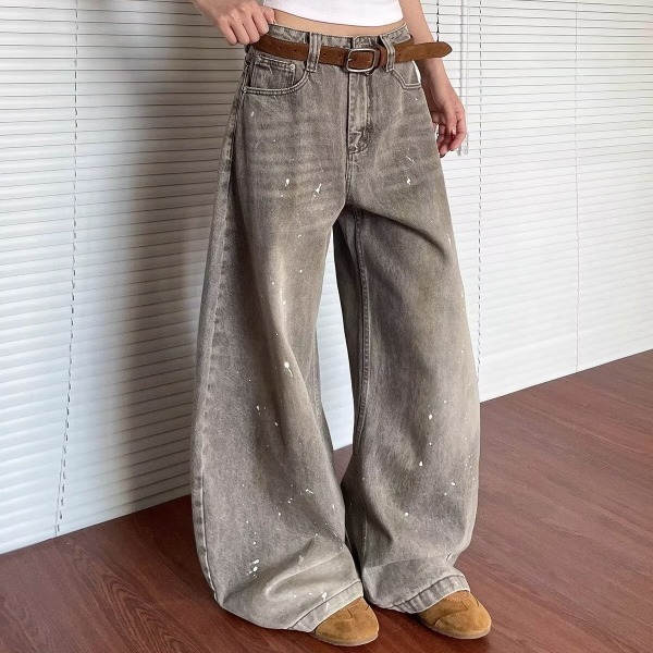 Designer Women's jeans autumn rhinestone multifunctional elegant high-end denim wide leg retro street silhouette curved knife jeans loose wide le