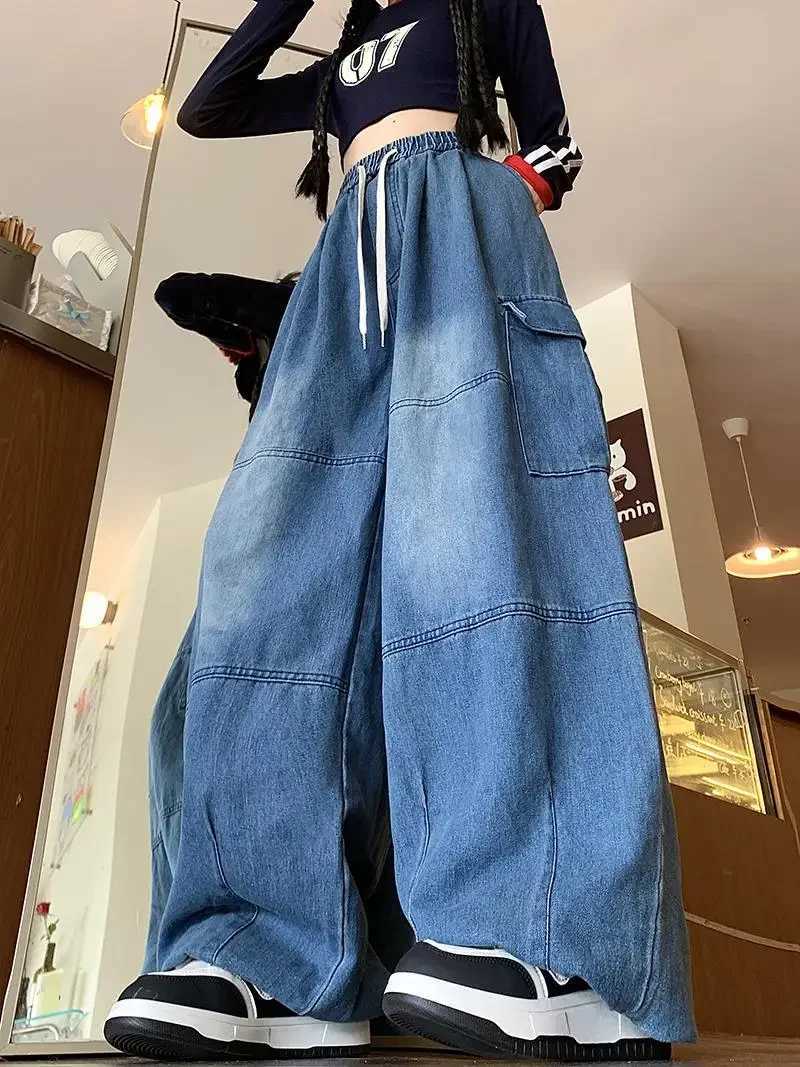 Cargo Jean Loose Wide Leg Workwear Jeans Elastic Waist Men and Women Spring Autumn Faion Brand Waed Out Trousers Straight Cut J251016