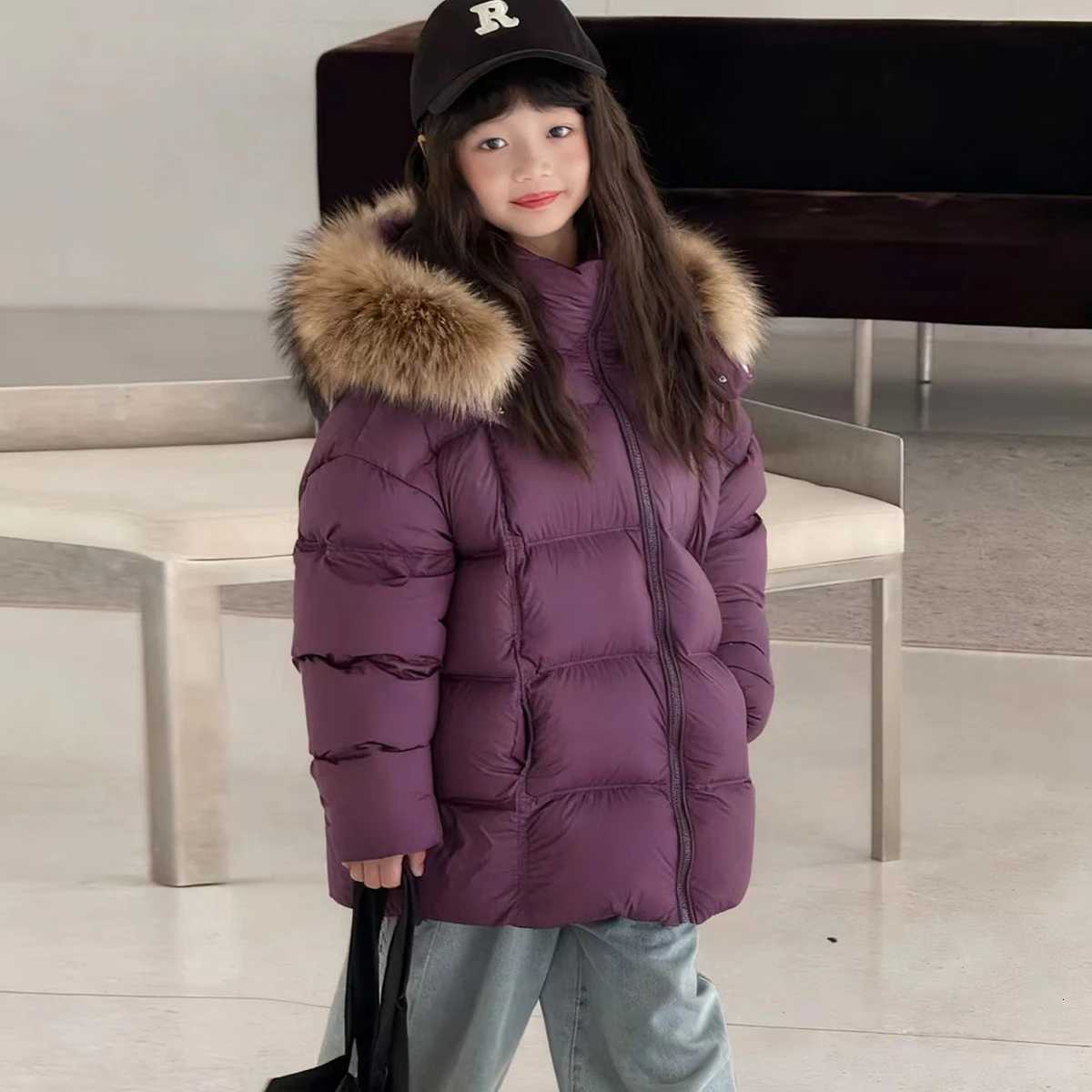 Childrens Down Jacket Hooded Natural Fur Collar 2025 New Winter Girls Coat Warm White Duck Down Boys Loose Fit Jacket RM207T251016