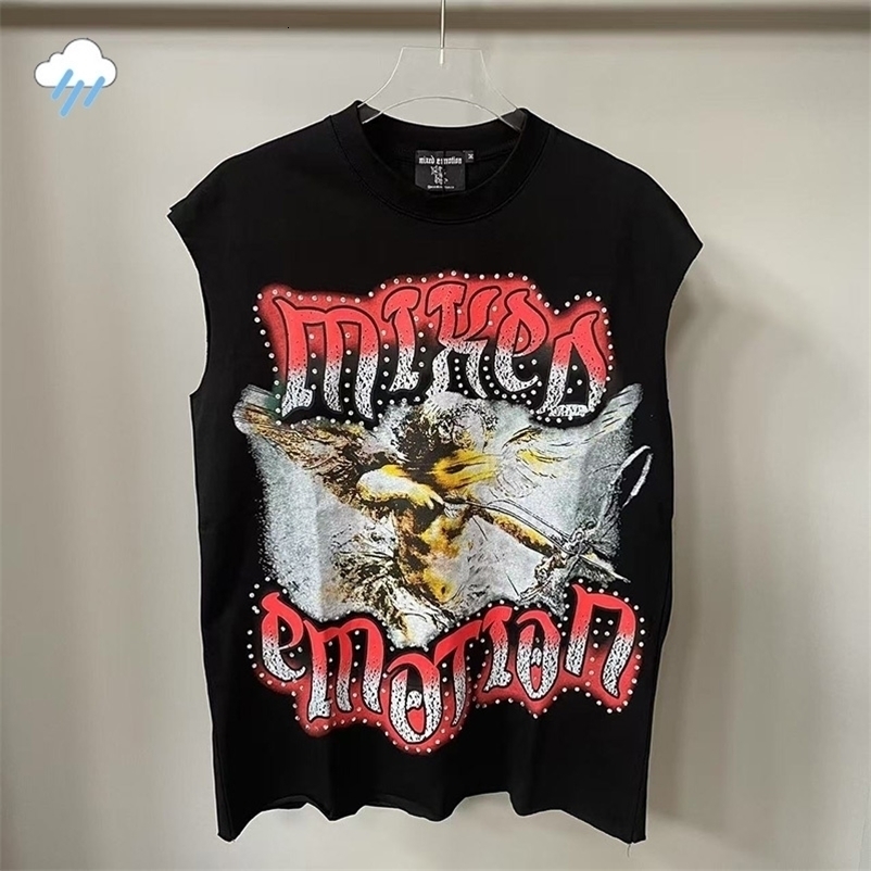 High Street Oversized Angel Tank Top Men Women Summer Classic Rhinestone MIXED EMOTION Vest Sleeveless TShirt 251015