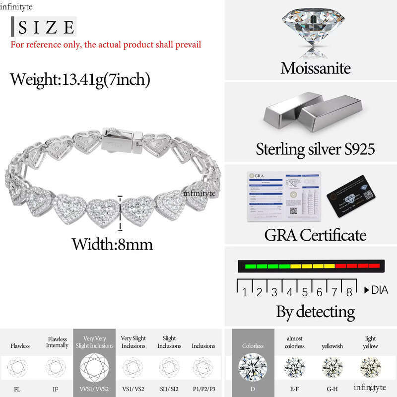 Fashion Femme Gift 8mm Sterling Sier VVS Moissanite Dia Iced Out Three Stone Heart Tennis Bracelet for Valentine Men
