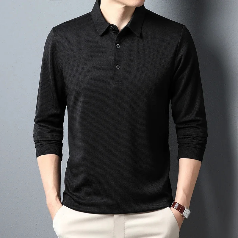 Mens Business Fashion Casual Long Sleeved Shirt Solid Color Polo Shirt Fashionable Breathable Comfortable Versatile Top a251016