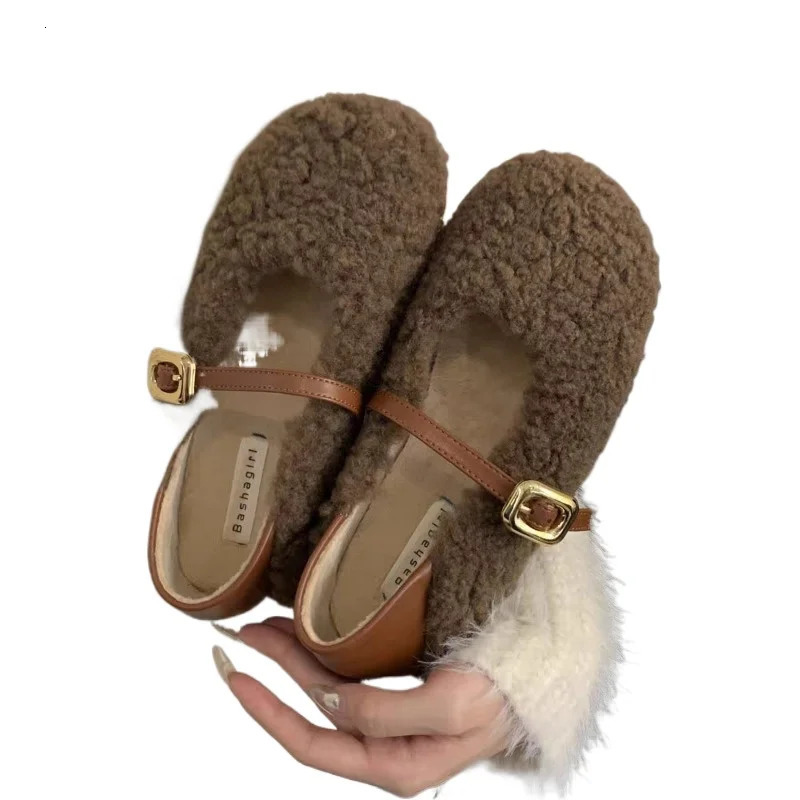 Style Fashion Women Ballet Laofer Flat Shoes Fashion Shallow Slip On Ladies Fur Mary Jane Shoes Soft Outdoor Granny Shoes 251013