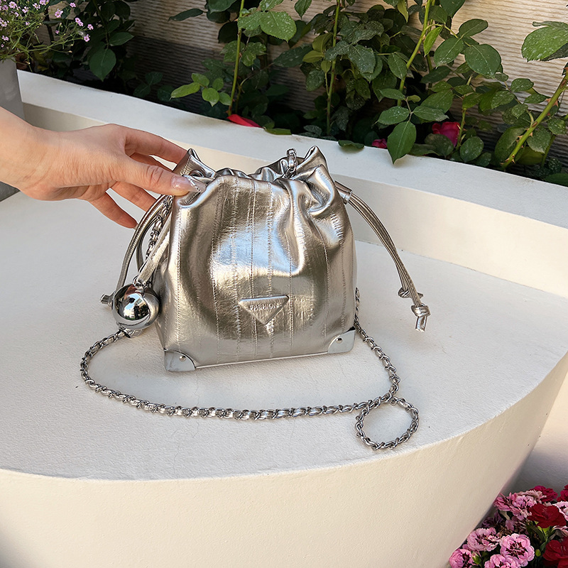 Pleated Drawstring Bucket Bag Luxury Bag Designer Bag 2024 New Versatile Silver Lucky Bag Crossbody Bag Niche Hot Style Single Shoulder Chain Bag