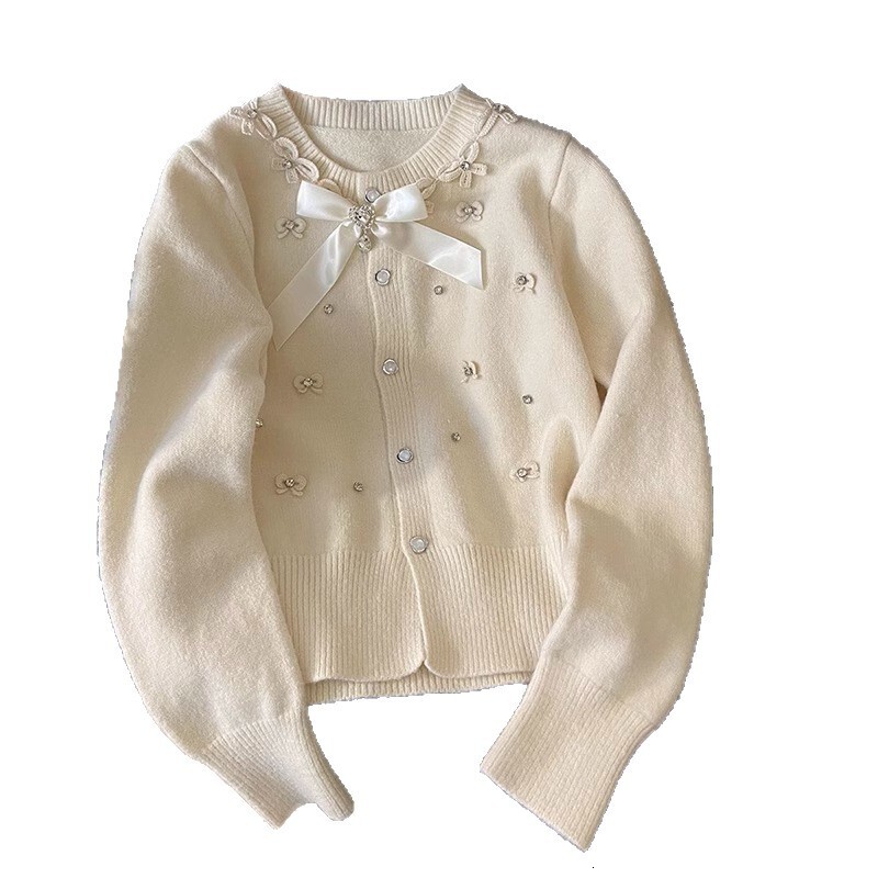 2025 Autumn/Winter design Women's New Top French Thick Bead Bow Knitted Open Knitted Woolen Sweater Soft Designer Jacket Autumn/Winter Versatile 