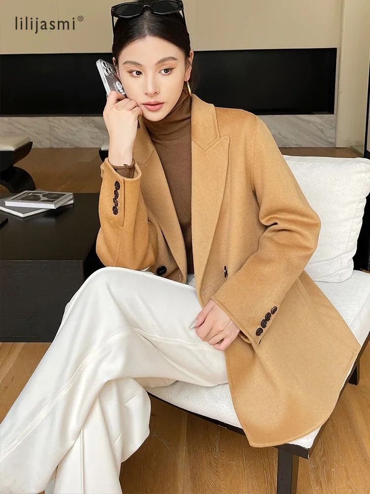 Lapel Wool Short Coat Women 100 Wool Coats DoubleBreasted Autumn Winter Blazer Jacket Ladies 25 251029