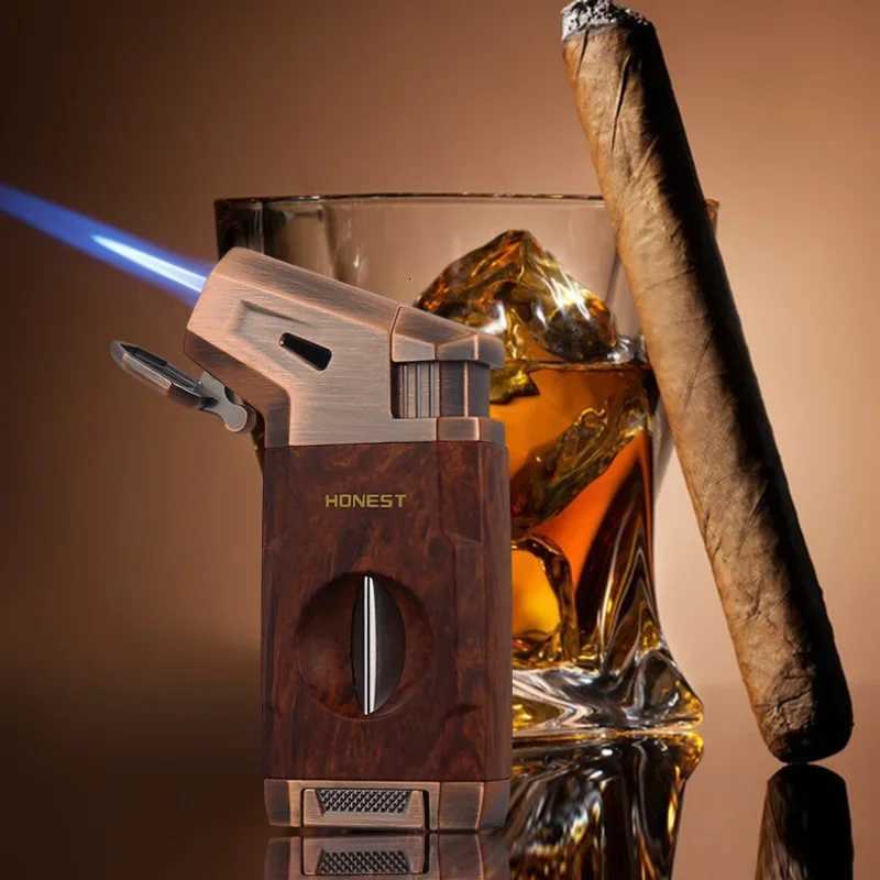 Recently Hot Selling Cigar Torch Lighter with V Shape Cutter Luxury Cigar Accessories Windproof Butane Lighters Gift for Smokers C251016