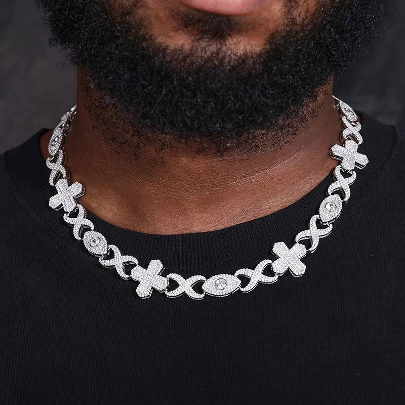 Hip Hop Jewelry Men White Gold Plated 12mm 925 Sterling Silver Paved Iced Out Moissanite Cross Evil Eye Cuban Link Chain