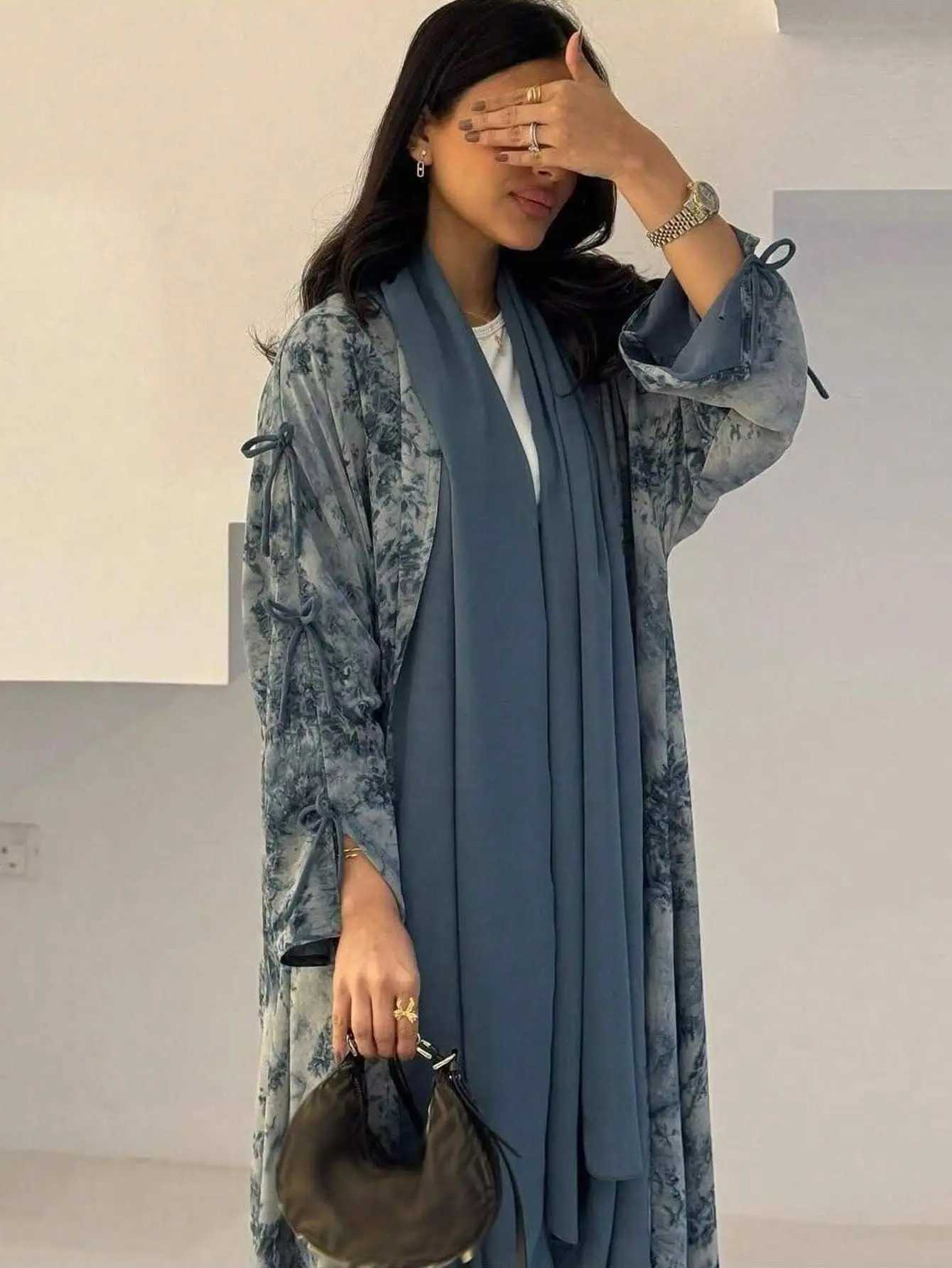 Middle Eastern Women Loose Tie Dye Abayas Casual Kaftan Arabian Maxi Dresses Full Sleeve Open Front Abaya Jilbabs Without Hajib X251016