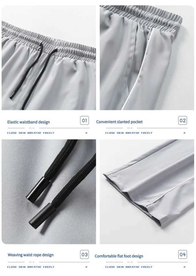 Summer ice silk thin section pants mens Hong Kong style loose splicing casual sports widelegged pants elastic speed pants J251203