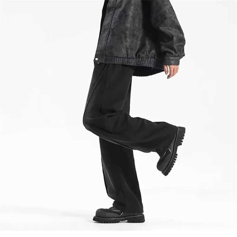 Autumn Mens High Street Pleated Straight Pants Korean Fashion Elastic Waist Pockets Trousers Y2K Vintage pantalones hombre W251015