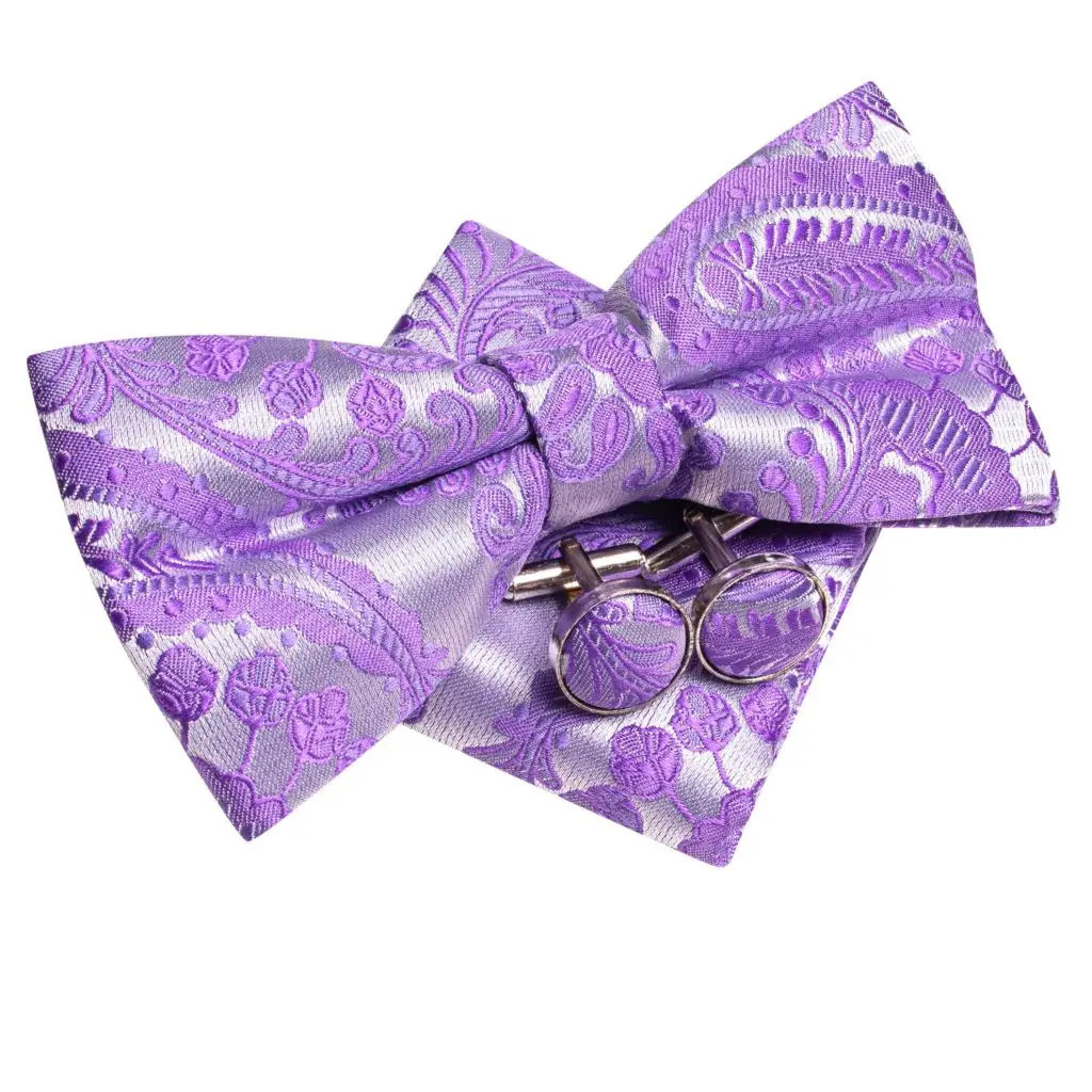 Purple Lilac Lavender Pansy Violet Silk Mens Bow Tie Hanky Cuffs Set Pretied Butterfly Knot Bowtie for Male Wedding Business 251015
