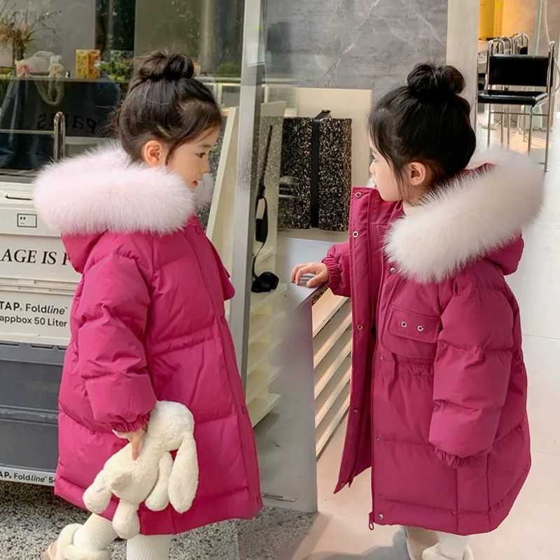 Children Cottonpadded Clothes Medium Long Outerwear 2025 Winter Kid Girls Warm Windproof Big Fur Collar Hooded Parka CoatT251016
