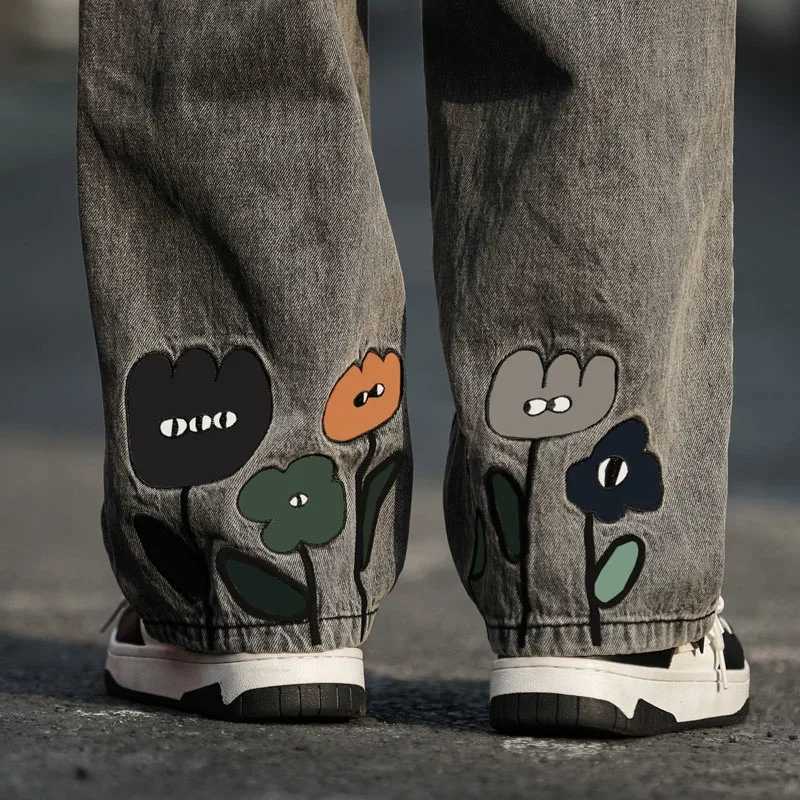 New Mens Y2K Flower Printed Baggy Jeans 2025 Streetwear American Casual Denim Wideleg Pants Hombre Vintage Straight Trousers J251016