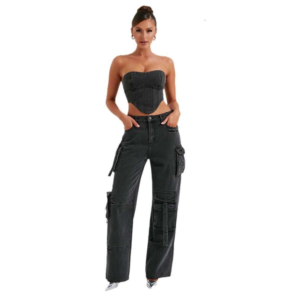 Long Hot Girl Straight-Leg Multi-Pocket Denim Cargo Women, Ins Style Versatile Loose Casual Pants For Women B5