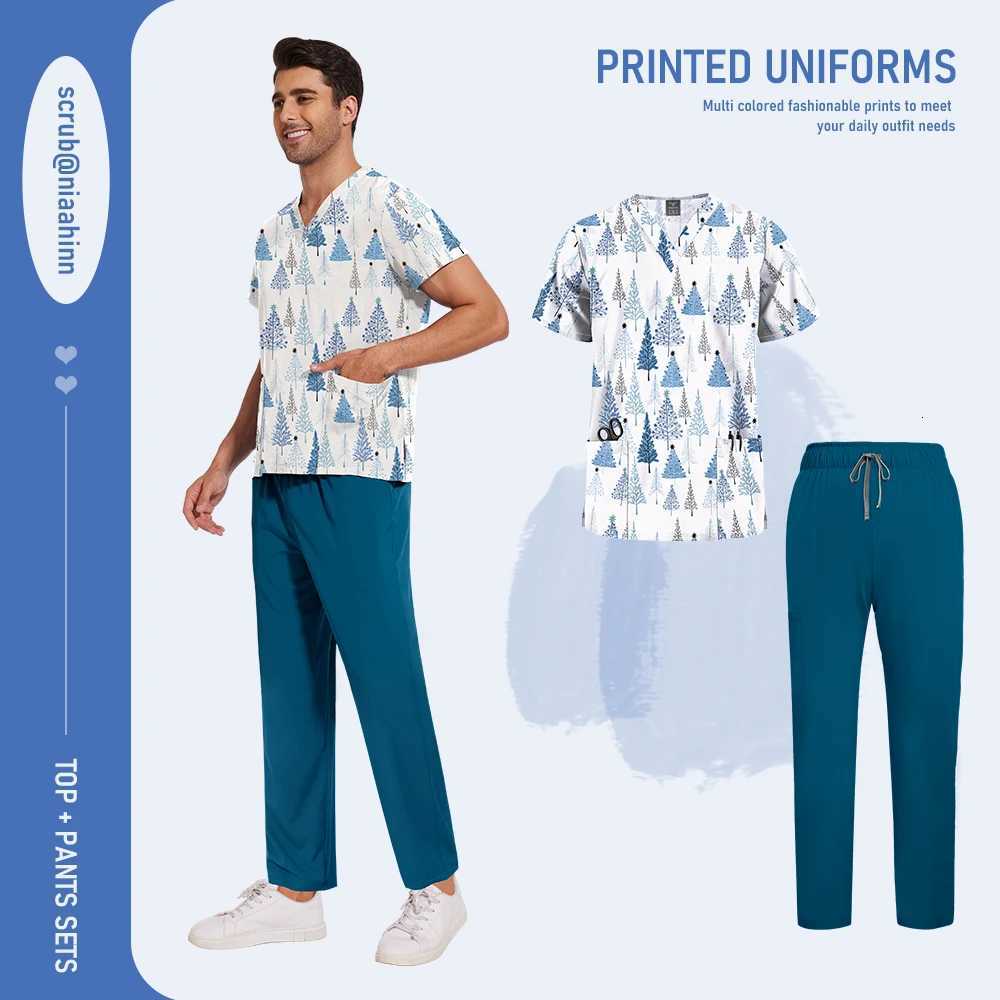 Niaahinn Surgical Uniforms Woman Unisex Printed Vneck Short Sleeved Top Solid Color Straight Pant Set Men Elastic Nurse Uniform X2510161