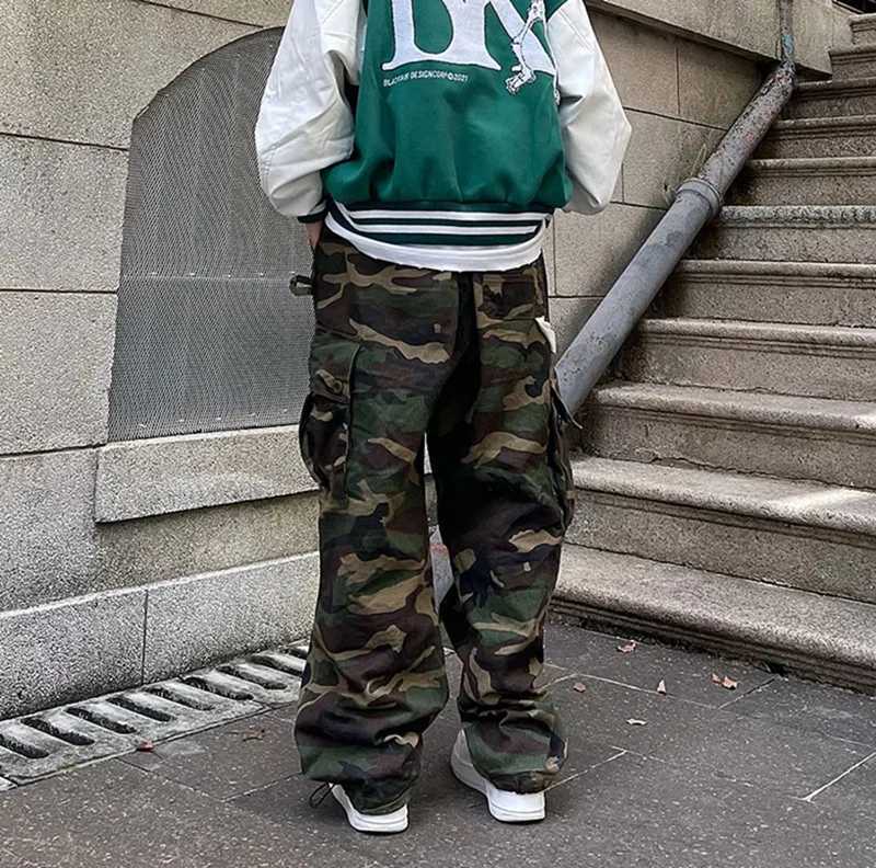 Military Camo Cargo Pants Mens Hip Hop Streetwear Baggy Trousers High Waist Straight Leg Retro Joggers Casual Fashion Trendy J251203