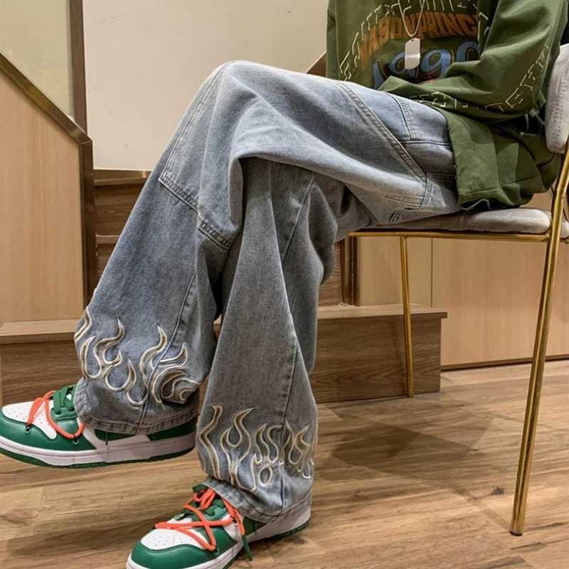 Mens Y2K Flame Pattern Wide Leg Jeans Casual Hip Hop Aesthetic Denim Pants Baggy Straight Leg Relaxed Fit Trousers J251016