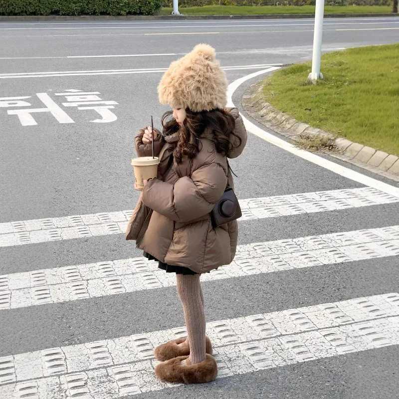 Girls Outwear 2025 Autumn Winter Korean Style Fashion Trendy Minimalist Casual Warm Thick Brown Solid Color Hooded CoatT251016