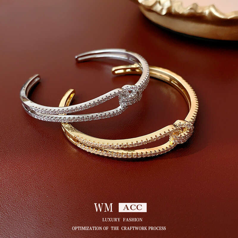 Zircon Inlaid Double Layer Metal Open Bracelet Fashionable Unique Bangle Light High-end Sense Women's Jewelry ddmypluto