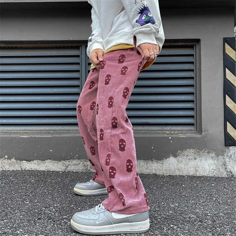 2021 Preppy Style Skull Full Print Drawstring Casual Corduroy Men Baggy Pants Hip Hop Straight Sweatpants Male Loose Trousers J251203