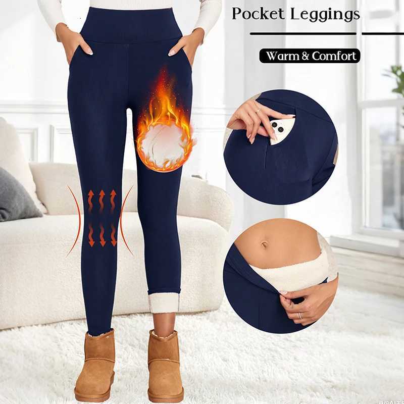 Women Velvet Leggings with Pockets Autumn Winter Warm Fleece Tights Velvet Solid Color Prevent Cold Leggings Stretch LeggingsT251016