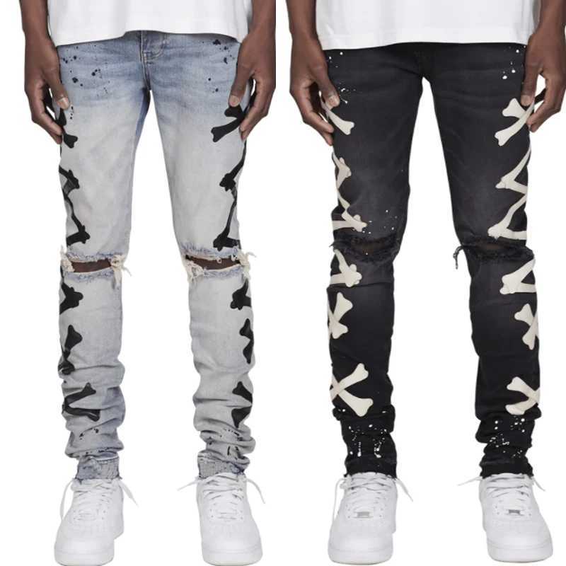 Ripped Jeans For Men Stretch Slim Printed Bones Skinny Pants Men Hip Hop Denim Trousers Streetwear Casual Stacked Jeans Blue J251016