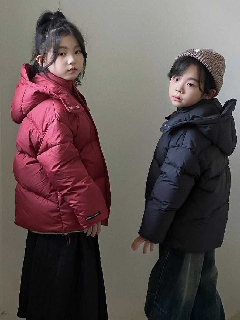 2025 Winter New Down Coats Boys Girls Korean Fashion Solid Color Simple Long Sleeve Thicken Hooded Warm Padded ParkasT251016