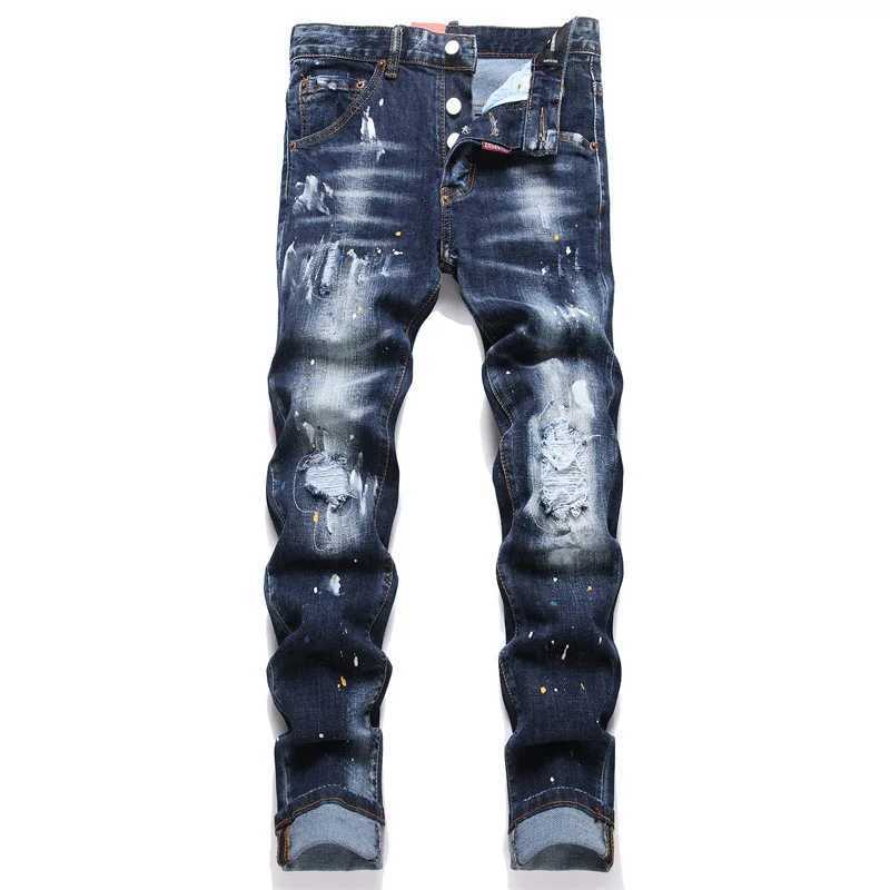 New Fashion Streetwear Men Blue Ripped Denim Jeans Good Quality Male High Street Strench Fit Long Jeans Pants Trousers Size 38 J251016
