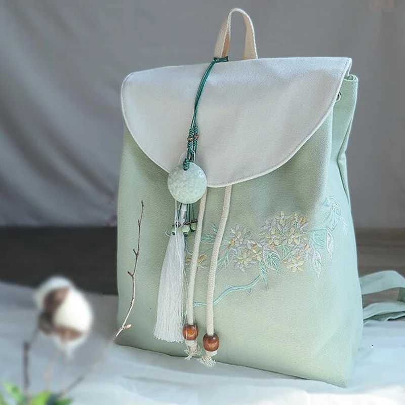 Tassel Pendant Chinese Style Embroidered Canvas Backpack Women Hanfu Rucksack Vintage Fashion Travel School Shoulder Bags GirlsT251016