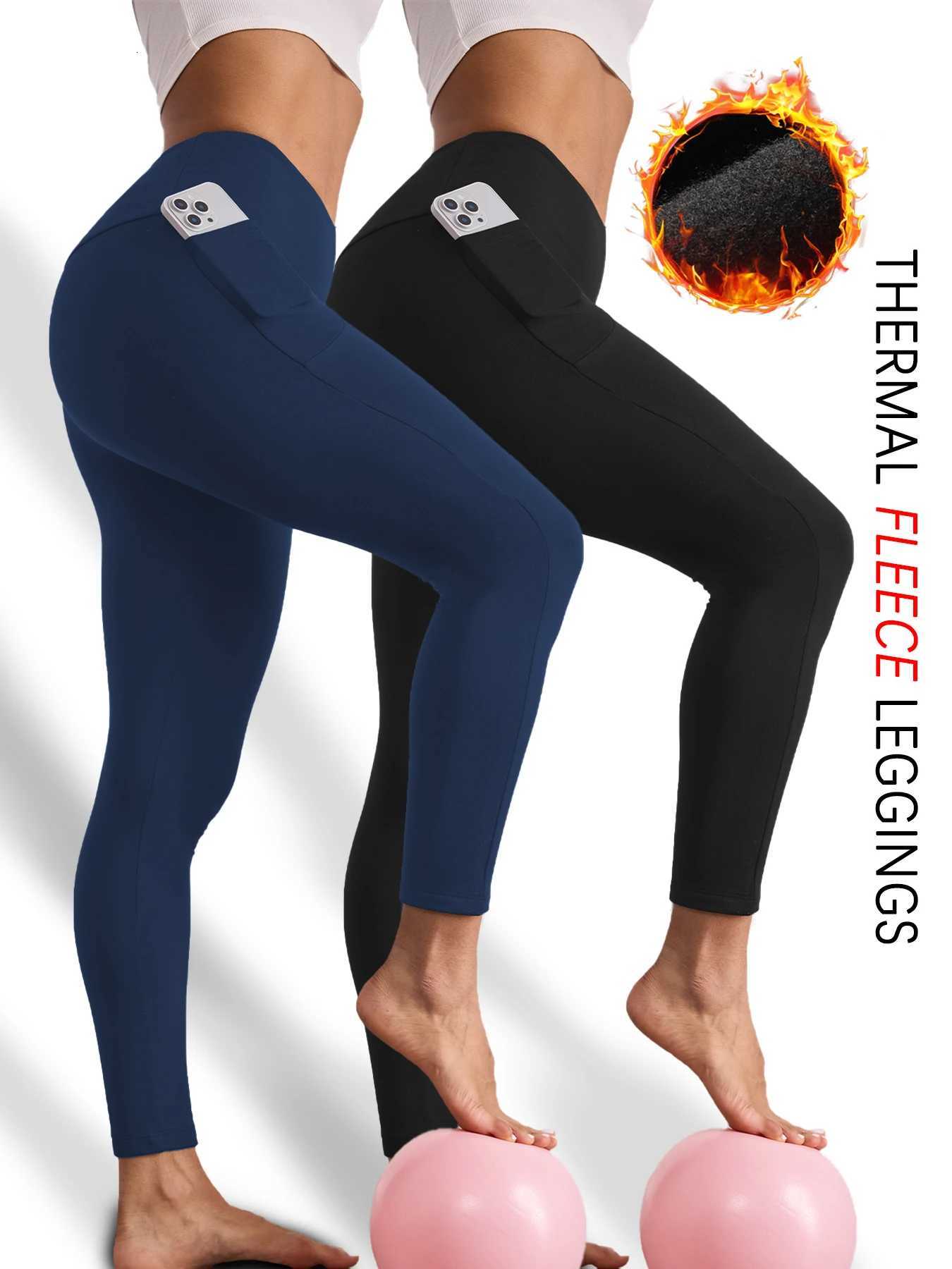 2 Pack Womens Super Soft Thermal Fleece Lined Legging With Pockets High Waist Tummy Control Workout Yoga Running PantsT251016