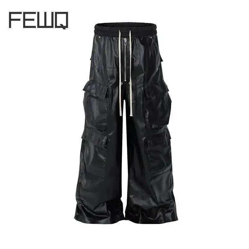 FEWQ Trendy American Street Mens Work Pants PU Leather Pocket Wide Leg Trousers Solid Color Darkwear Male Casual 21Z7056 J251203