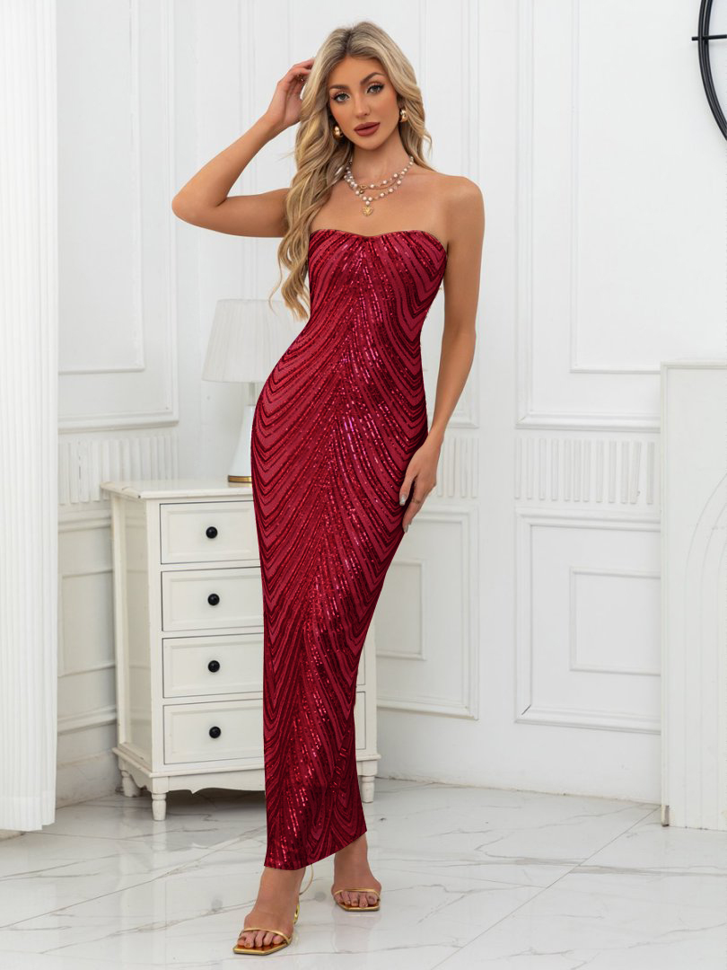 Women's Red Sequin Strapless Maxi Dress, Bodycon Glitter Evening Gown for Party & Prom 23560